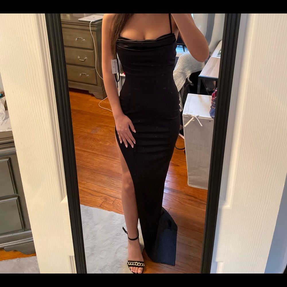 Black satin long dress with slit and cute cowel neck with spaghetti straps. SEXY